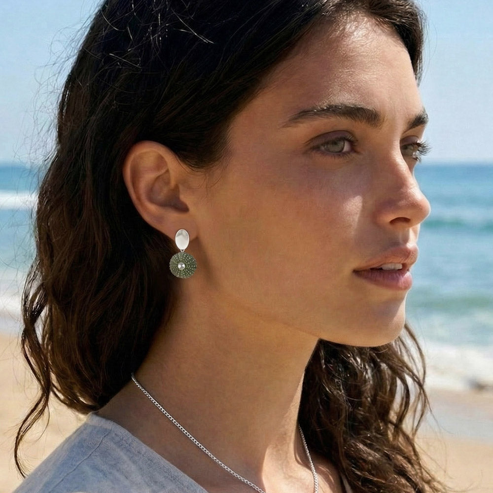 Natural Green Sea Urchins Hanging Earrings